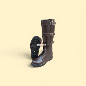 Vintage Spanish Cavalry Boots, Handmade Brown Leather Long Boots with Rubber Sole, Military Style Riding Boots, Fashion Long Boots
