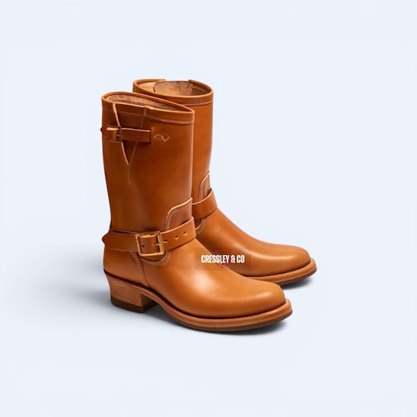 Handmade Cognac Leather Engineer Boots; Engineer Motorcycle Boots Workwear