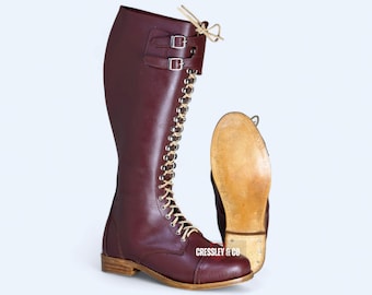 Handmade Burgundy Leather Tall Lace-Up Boots, Victorian Riding Boots, Steampunk Knee-High Boots, Biker Style