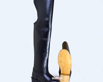 Handmade Black Leather Thigh High Boots – Vintage Cavalry Riding Boots