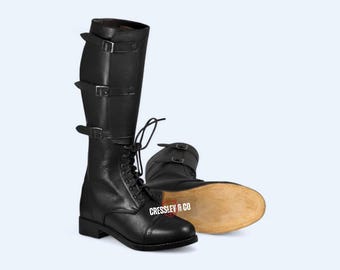 Handmade Black Leather Cavalry Boots | Lace-Up Buckle Riding Boots