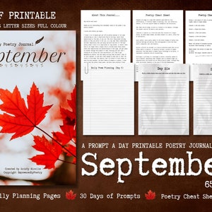 Diario di poesia PDF stampabile, Diario mensile di suggerimenti di poesia, Diario quotidiano di suggerimenti di poesia di settembre