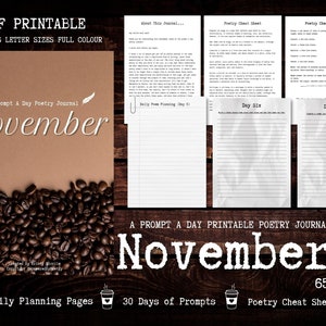 Diario di poesia PDF stampabile, Diario mensile di suggerimenti di poesia, Diario quotidiano di suggerimenti di poesia di novembre