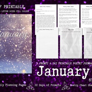 Poetry Journal PDF Printable, Monthly Poetry Prompts Journal, January daily poetry prompts Journal
