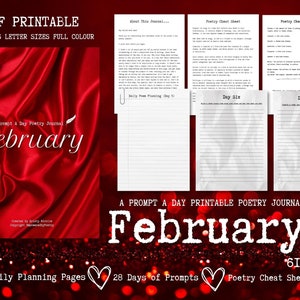 Diario di poesia PDF stampabile, Diario mensile di suggerimenti di poesia, Diario quotidiano di suggerimenti di poesia di febbraio