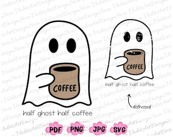Half Ghost Half Coffee Png Svg, Retro Cute Spooky Coffee Png,Halloween Coffee Svg,Little Ghost Ice Coffee Png,Cute Ghost Svg, cute ghost png