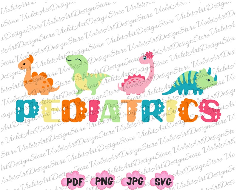 May include: Colorful dinosaur-themed graphic with the word "PEDIATRICS" in large, colorful letters. The graphic includes four dinosaurs in various colors, including orange, green, pink, and blue.