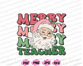 Puede incluir: Un diseño gráfico verde, rosa y blanco con el texto "Merry" y "Teacher" en una fuente retro. Un Papá Noel de dibujos animados con un gorro rosa y barba blanca está en el centro del diseño.