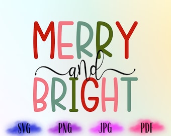 Peut inclure: Un design graphique coloré avec le texte "Merry and Bright" dans une police festive. Le texte est dans des tons de rouge, vert, rose et bleu.