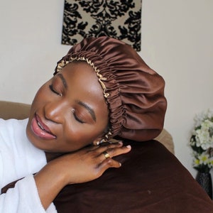 Luxury Reversible Silk Satin Bonnet with Elastic Band - Brown and gold