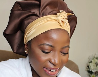 Luxury Reversible Silk Satin Bonnet with Tie Band - Brown and gold