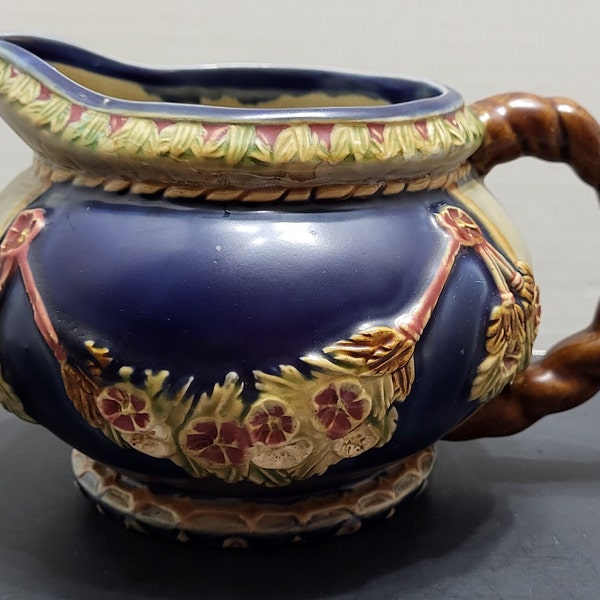 Vintage Majolica Old Pottery Wanjiang Chinz Blue Pitcher, Red Flowers w/Lip and Brown Rope Handle #39