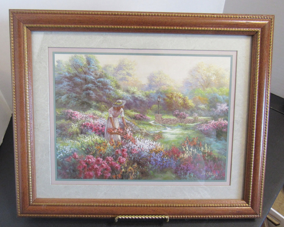 1990 Lee K Parkinson Lady Picking Flowers Art Painting Print Etsy