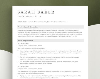 May include: A resume template with the name "SARAH BAKER" at the top, followed by contact information and sections for a professional overview and work experience. The document is white with a minimalist design.