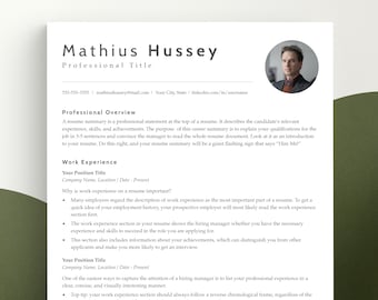 May include: A black and white resume template with a professional headshot of a man in the top right corner. The resume includes the title "Mathius Hussey", "Professional Title", and "Professional Overview". The text "Work Experience" is also included.