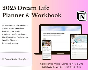 Notion 2025 Planner & Arbeitsbuch, Manifestationsanleitung, Dream Life Planner, Notion Planner, Vision Board, Ziele