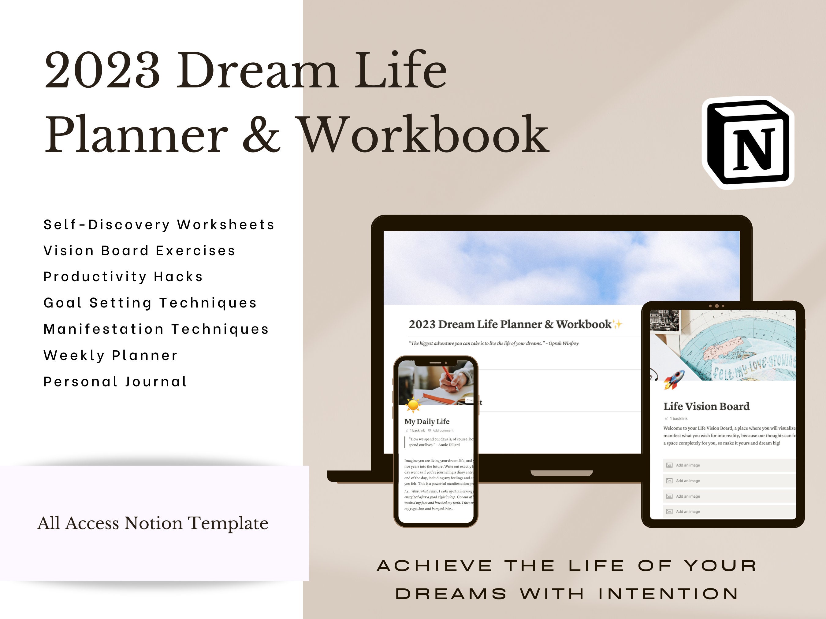 Notion 2023 Planner & Workbook, Manifestation Guide, Dream Life Planner,  Notion Planner, Vision Board, Goal Setting 