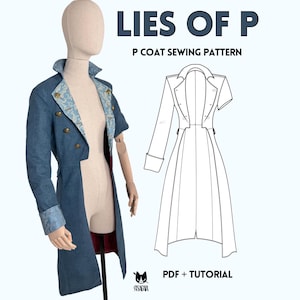 Può includere: Un cartamodello per cappotto blu intitolato LIES OF P P COAT SEWING PATTERN PDF + TUTORIAL. L'immagine mostra un cappotto blu con risvolto a motivo azzurro e bottoni dorati su un manichino, accanto a un disegno al tratto in bianco e nero.