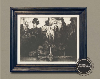 May include: A framed black and white landscape print featuring a serene waterscape with trees and a boat. The artwork is set in a dark wooden frame, with a digital download label in the lower right corner. The print has a vintage aesthetic.