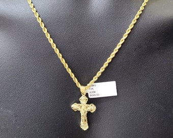 Real 10k Yellow Gold Jesus Cross Charm Rope Chain Necklace 3mm 20'' Pendant 10kt