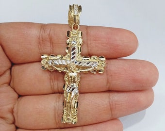Real 14k Yellow Gold Nugget Jesus Cross Charm Pendant 2&quot; 14kt Gold