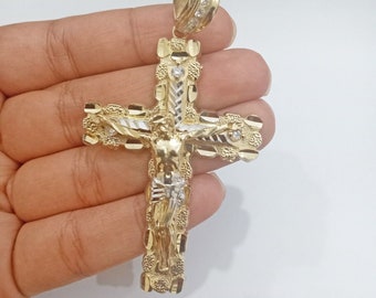 Real 14k Gold Jesus Nugget Cross Charm Pendant 2.9&quot; inch 14kt Yellow Gold