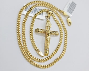 Real 10k Gold Chain Jesus Cross Charm Pendant SET 3mm Miami Cuban Link Necklace