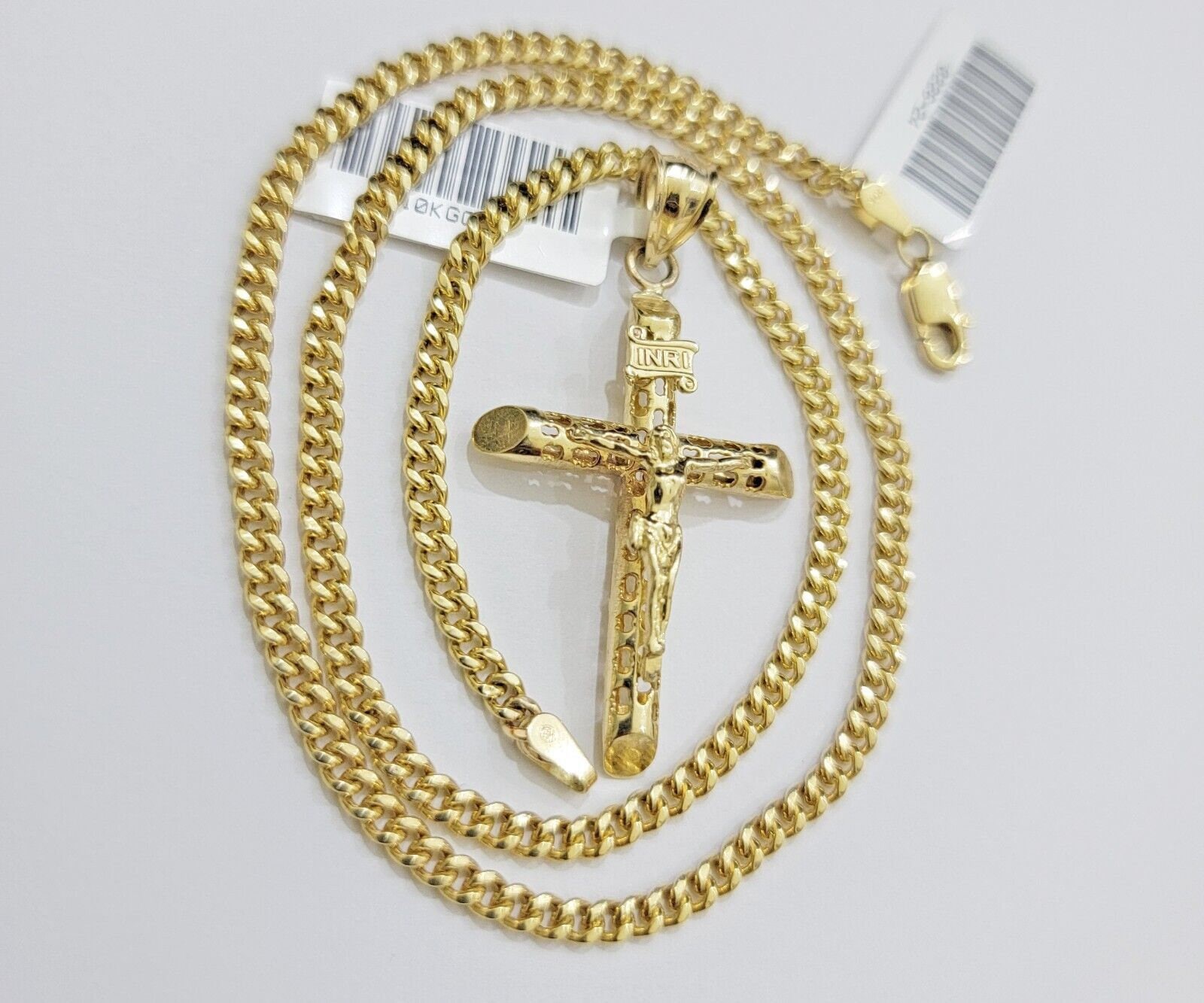 Real 10k Gold Chain Jesus Cross Charm Pendant SET 3mm Miami Cuban Link Necklace