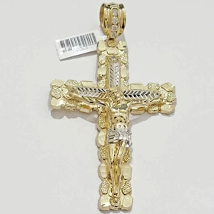 Real 10k Gold Cross Charm Pendant Jesus Crucifix 3.5&#39;&#39; Inch Men 10KT Yellow Gold