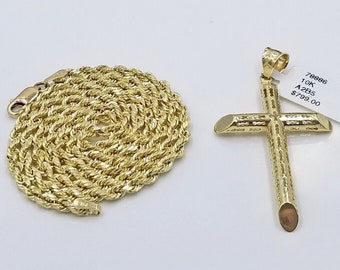 Real 10k Gold Rope Chain Cross Pendant, 3mm Necklace 20" inch With Charm, 10kt