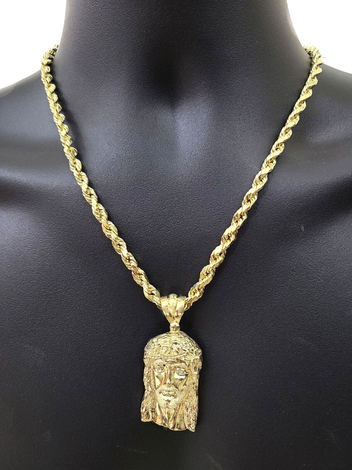 10k Gold Jesus Head Charm Rope Chain Necklace 6mm 22'' Set