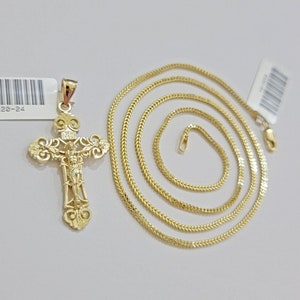 Real 10k Gold Franco Chain Jesus Cross Charm Pendant Necklace SET Men Women