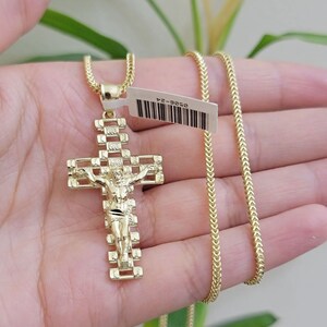 Real 10k Gold Franco Chain Cross Charm SET 18-24 Inch 2mm Necklace Jesus Pendant