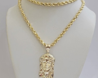 Real 10k Yellow Gold Rope Chain Jesus Charm Pendant SET 4mm 18-28 inch Necklace