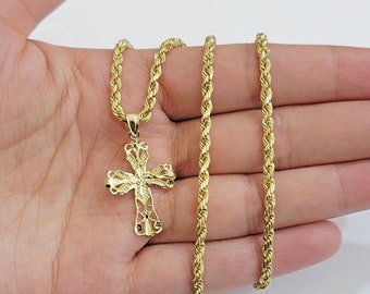 Real 10k Yellow Gold Rope Chain Cross Charm Pendant SET 3mm Necklace 18 -28 Inch