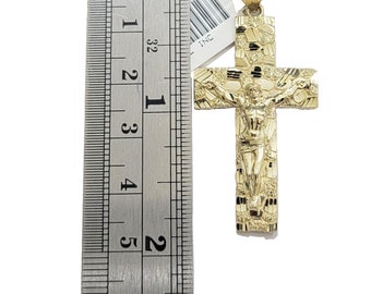 14k Yellow Gold Nugget Jesus Cross Charm Pendant 2&#39;&#39; inches Real 14kt SALE Chain