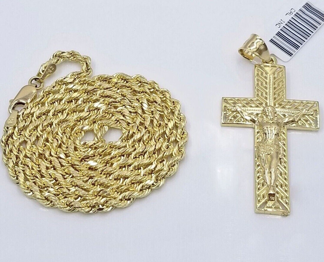 Real 10k Yellow Gold 3mm Rope Chain Cross Pendant 20 Inch Necklace