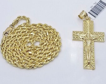 Real 10k Yellow Gold 3mm Rope Chain Cross Pendant 20" inch Necklace , Men Women