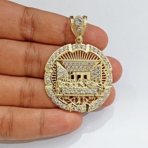 Real 10k Gold Circle Charm Last Supper Pendant 10kt Yellow Gold for Chain Men