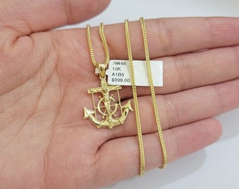 Real 10k Gold Franco Chain Jesus Anchor Charm Pendant Necklace SET Men Women