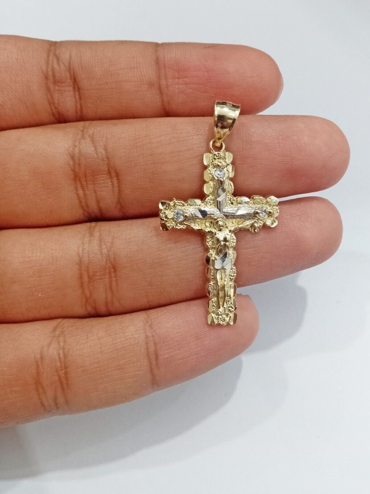 Real 14k Yellow Gold Jesus Crucifix Nugget Cross Charm Pendant 1.5" inch