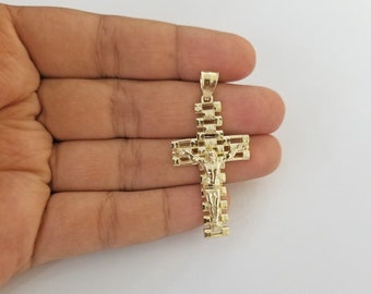 Real 10k Yellow Gold Cross Pendant Charm Jesus Crucifix Men 10kt