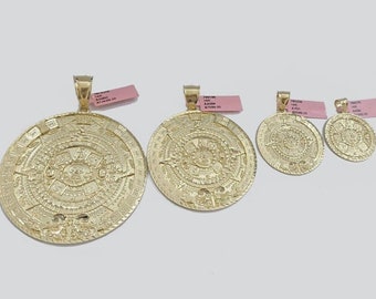 Real 14K Yellow Gold Aztec Calendar Charm Solid Pendant For Chain 14KT Necklace