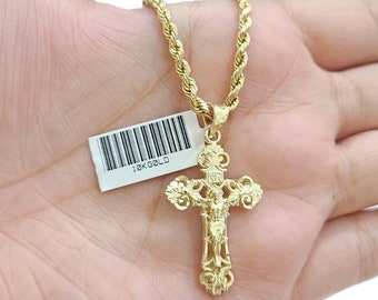 Real 10k Yellow Gold Jesus Cross Charm Rope Chain Necklace 3mm 18'' Pendant 10kt