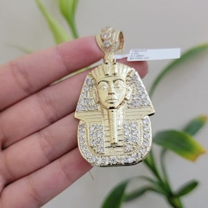 Real 10k Yellow Gold Pharaoh Head Charm Pendant 2.5" 10kt With Stones for Men's