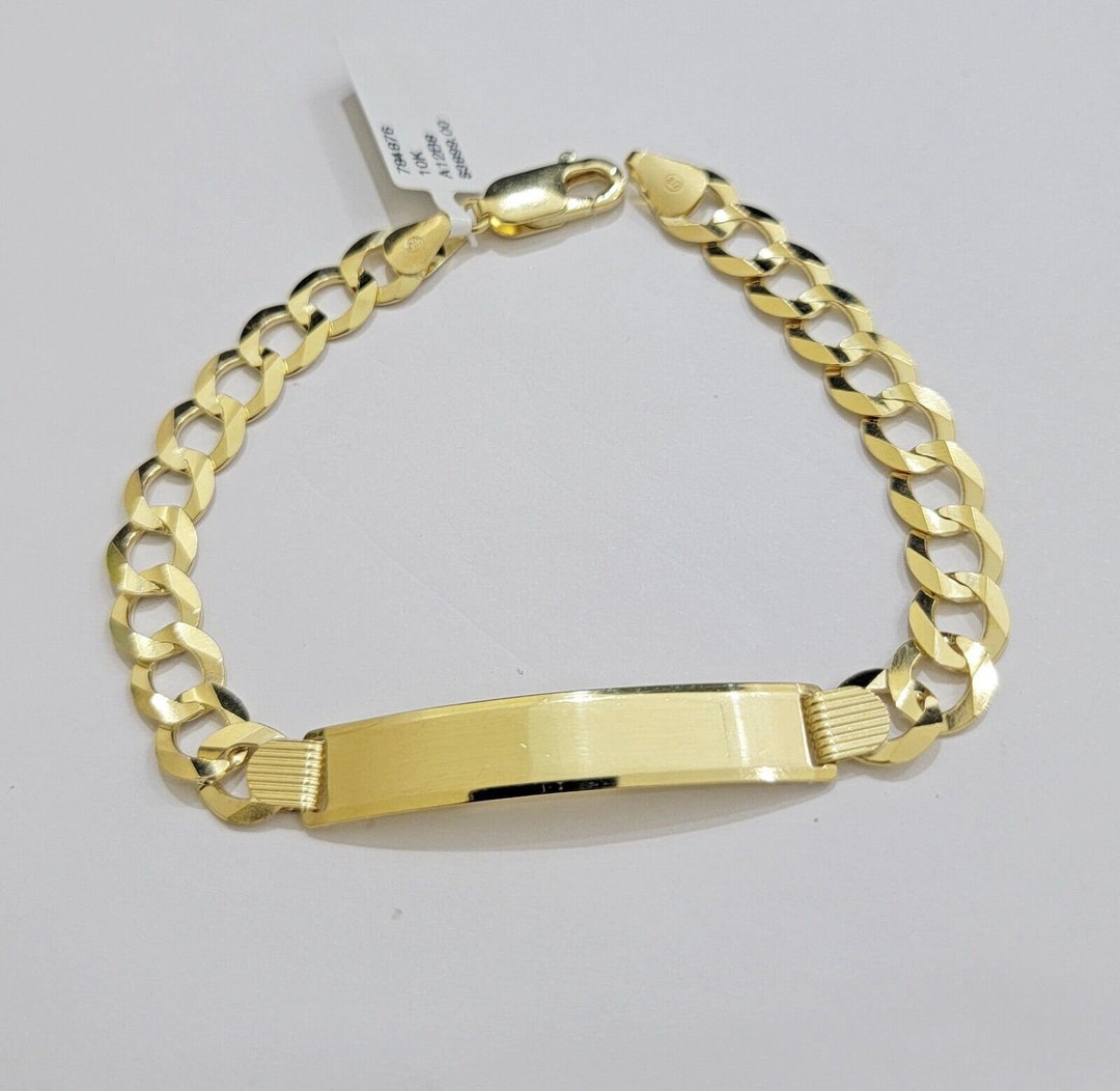 10k Yellow Gold Bracelet ID Cuban Curb Link 9.5mm 8.5 Inch Name Plate ...