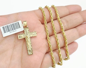 Real 10k Yellow Gold Jesus Cross Charm Rope Chain Necklace 3mm 18'' Pendant 10kt