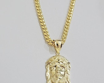 Real 10k Yellow Gold Jesus Head Charm Pendant & Miami Cuban Link Chain Necklace