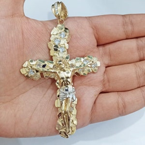 Real 14k Gold Nugget Jesus Crucifix Cross Pendant Charm 14kt Yellow Gold Men