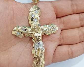 Real 14k Gold Nugget Jesus Crucifix Cross Pendant Charm 14kt Yellow Gold Men